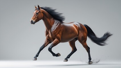 Fototapeta premium Bay horse sprinting in a gallop against a plain background