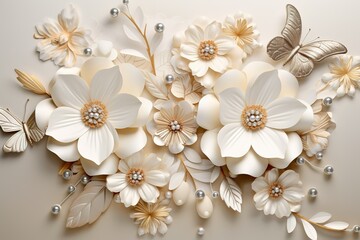 3D wallpaper jewelry flower and butterfly, pearls dimaond, with 3D luxury background design