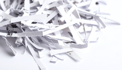 A close-up of shredded white paper, creating a textured, chaotic appearance. The pieces vary in size and shape, giving a sense of disarray