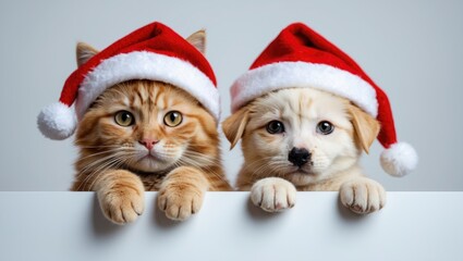 Winter pets for Christmas featuring puppy dog and kitten cat in hats and costumes peering over a sign banner on a white background for card. Animals promoting sale advertisement.
