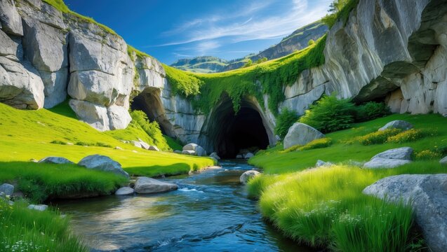 Entrance of a mountain cave, encircled by a scenic view of vibrant grass, a river, rocks, and a blue sky.