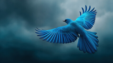 Obraz premium A vibrant blue bird soars powerfully through the dramatic sky, its wings gracefully spread captu the essence of freedom and untamed beauty of nature.