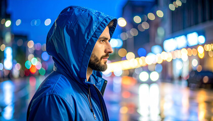 Solitary Urban Serenity: A man, enveloped in a blue hooded jacket, stands in the rain-slicked streets of a city, his gaze fixed into the night. The ambient lights create a blurred backdrop.