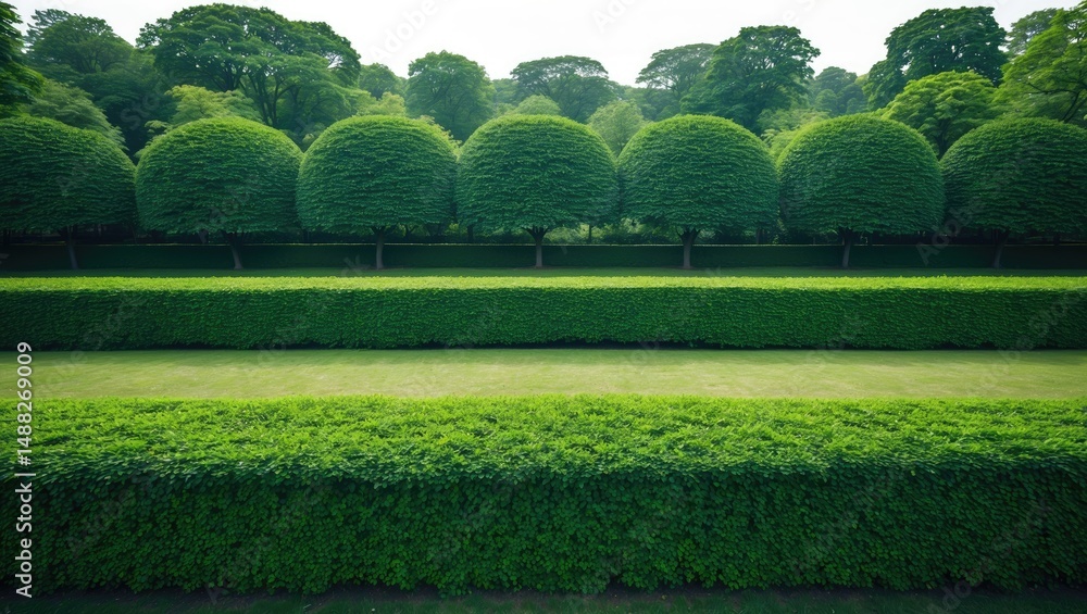 Aufkleber large trees creating a hedge and fence in a panoramic scene, with a focus on big trees in the backgr