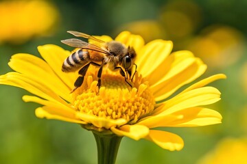 Bee gathering nectar on bright yellow flower