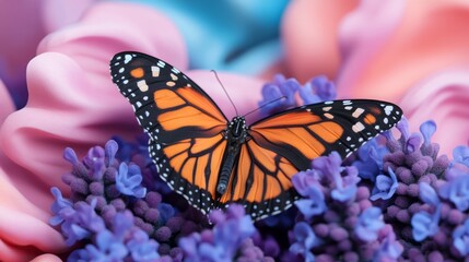Fototapeta premium Colorful Monarch Butterfly Perched on Vibrant Purple Flowers Against Soft Pastel Backgrounds