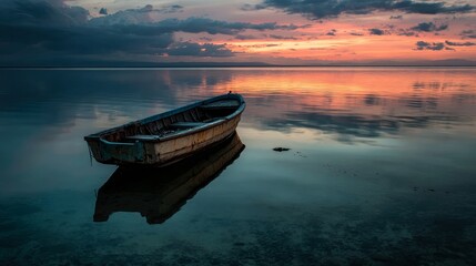 Solitary Wooden Boat on Calm Water at Sunset
