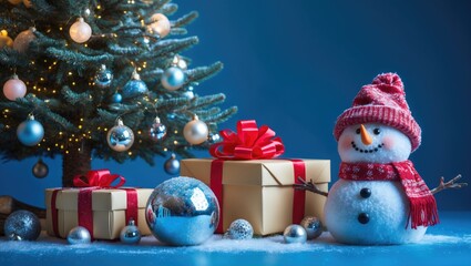 With a blue background, a Christmas tree, a present box, a decorative ball, and a snowman