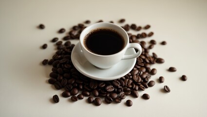 Obraz premium Cup of black coffee with roasted coffee beans on a white background