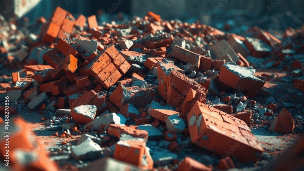 Poster a heap of debris featuring several bricks and stones. the setting conveys a sense of ruin and deteri