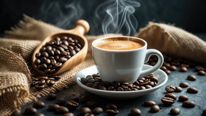 Freshly brewed coffee with roasted beans and vapor on the table