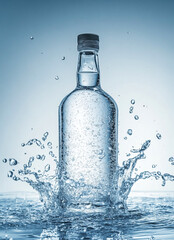 A clear water bottle with a white cap is centered amidst a dynamic splash of water. Numerous droplets are suspended in the air against a blurred blue and black background.