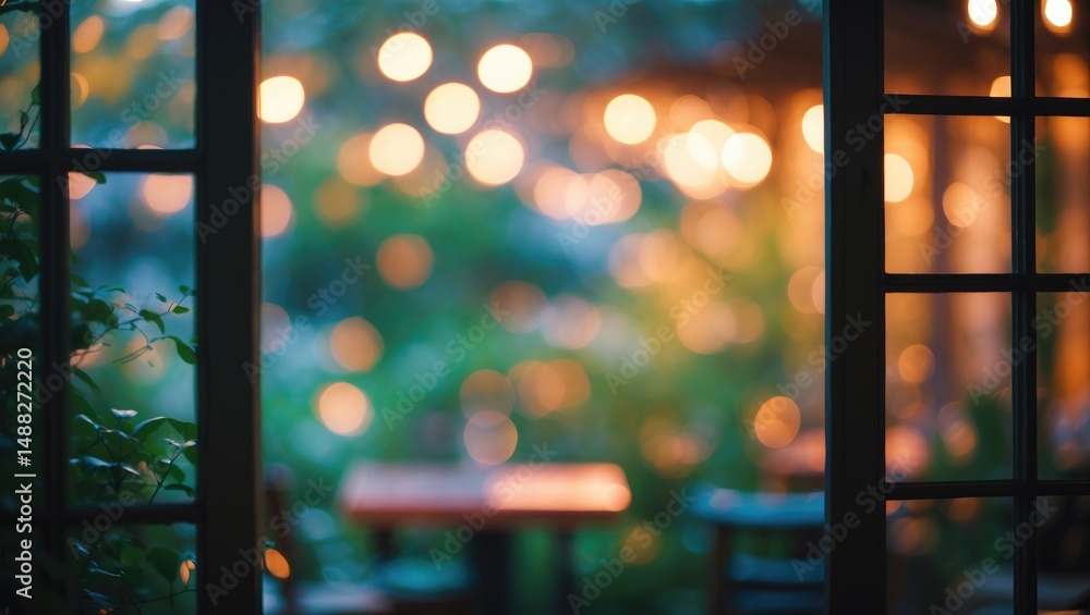 Poster blurred bokeh lights in a garden view through the window
