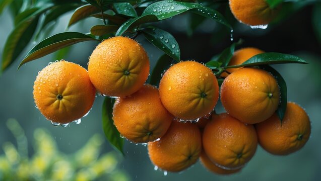 Fresh and ripe mandarins on a tree