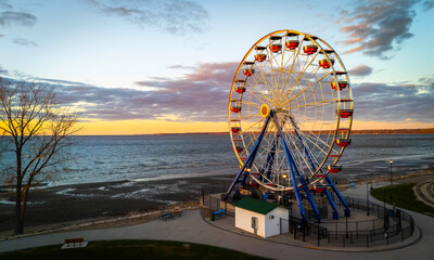 Aerial Sunset View of Ferris Wheel at Bay Beach Amusement Park