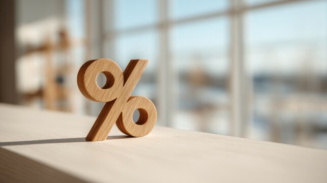 Wooden percentage sign sits on a surface with a blurred window background.