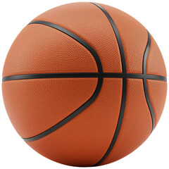 Basketball with orange textured surface and black lines isolated on a transparent background