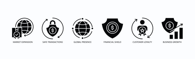 Global Ascend Icon Set Isolated Vector With Icon Of Market Expansion, Safe Transactions, Global Presence, Financial Shield, Customer Loyalty, Business Growth In Glyph Style