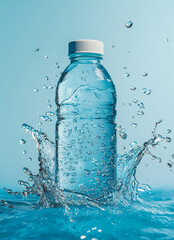 A clear water bottle with a white cap is centered amidst a dynamic splash of water. Numerous droplets are suspended in the air against a blurred blue and black background.