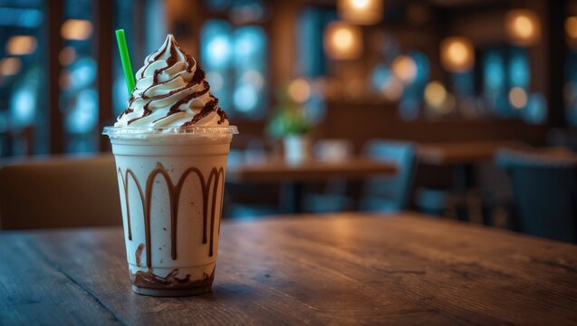 Chilled frappuccino in a disposable plastic cup on a wooden cafe table