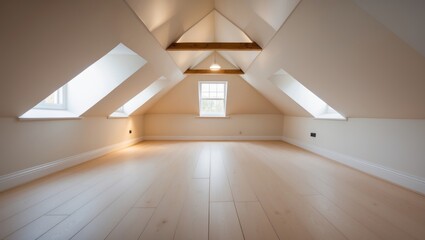 Ample vacant rooms in the attic level following the completion of wall and ceiling work.