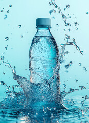 A clear water bottle with a white cap is centered amidst a dynamic splash of water. Numerous droplets are suspended in the air against a blurred blue and black background.