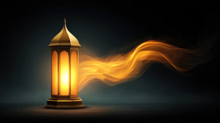 A glowing golden lantern emits a magical, flowing light on a dark background, creating a warm and festive ambiance perfect for Ramadan or other celebrations.