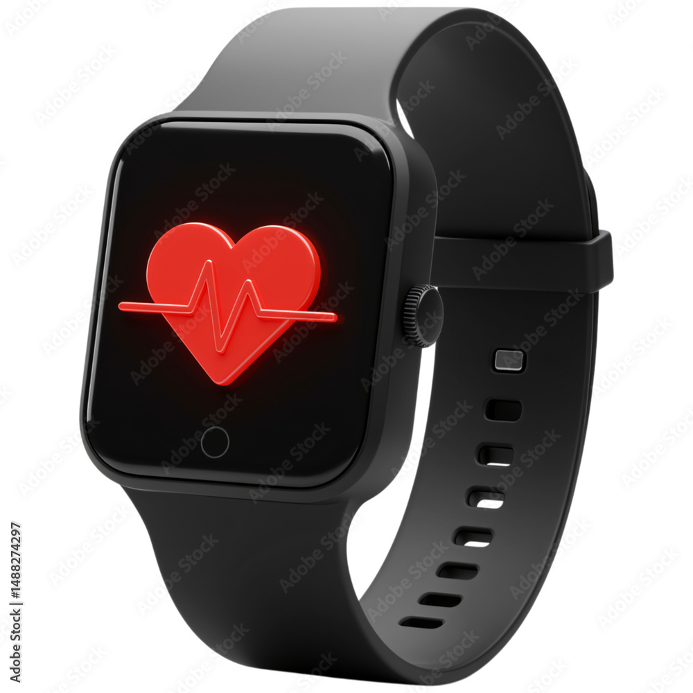 Poster black smartwatch displaying a heart rate monitor isolated on a transparent background