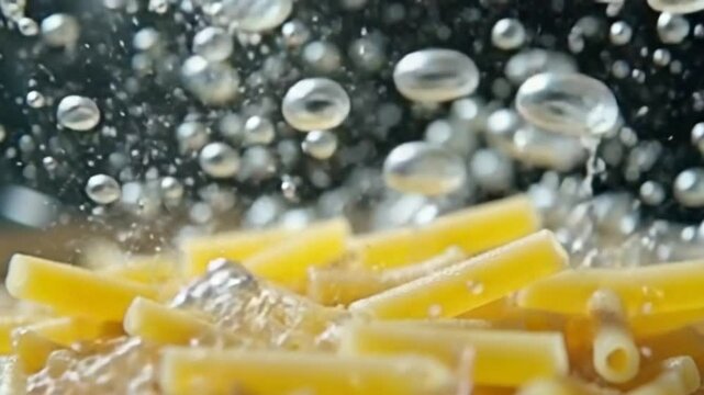 Penne pasta falls into boiling water. Filmed on a high-speed camera at 1000 fps. High quality FullHD footage