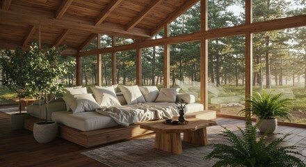 Mirrored Eco-Cabin Interior: Wooden Platform Detail