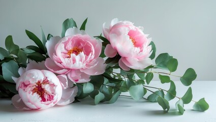 Obraz premium Pretty pink peonies and eucalyptus foliage on a white surface with space for text