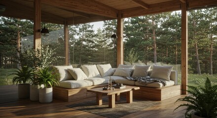 Mirrored Eco-Cabin Interior: Wooden Platform Detail