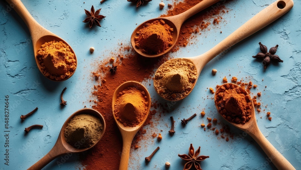 Poster top view of spoons featuring cinnamon powder and spices on a background with empty space for text