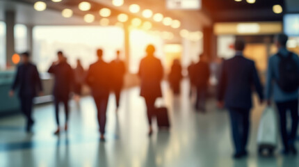 A blurred image of passengers hurrying through a bright airport terminal