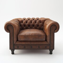 Brown leather Chesterfield armchair with button tufting and rolled arms
