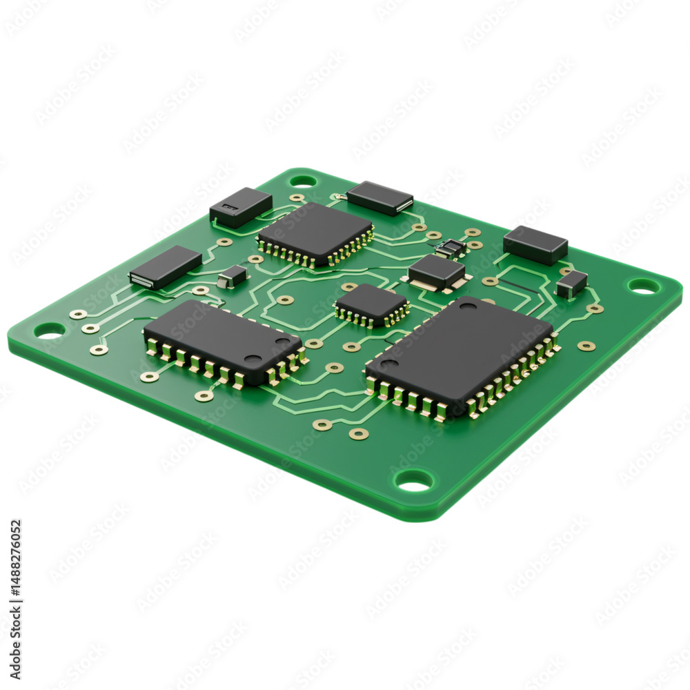 Poster green circuit board with microchips isolated on a transparent background