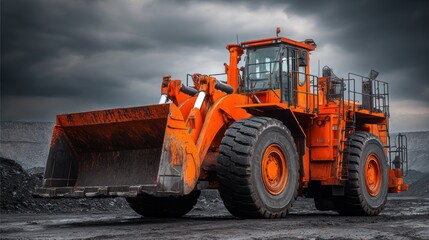 Orange bulldozer stands ready on a dark surface under a cloudy sky.