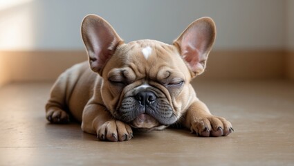 French bulldog puppy resting on the floor, lovely dreams.
