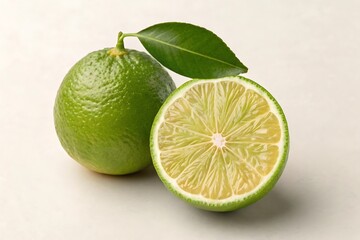 Whole Green Lime With Leaf And Cut Half On White Background