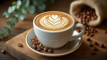 A beautifully crafted latte with a heart design, surrounded by coffee beans and a rustic wooden background.