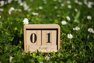 June 1, Children's Day , wooden calendar blocks outdoors in green field of daisies showing the date...