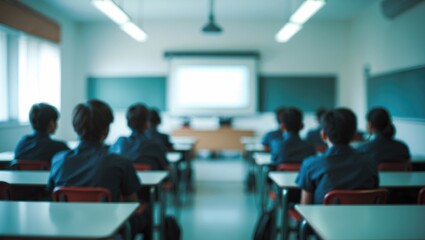 Fototapeta premium Classroom background with blurred students in attendance during an educational lecture
