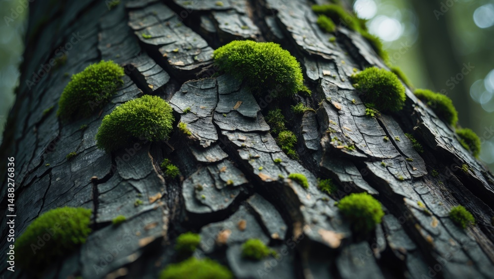 Aufkleber close-up of weathered ash tree trunk with moss and rough surface texture