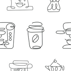 pattern with icons of various tools and equipment for different types of coffee in line art style, for logos and other designs