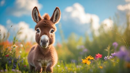 Adorable summer portrait of a miniature donkey in a wildflower field