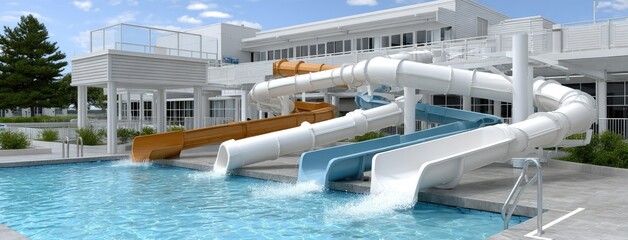 Fototapeta premium The water park boasts vibrant and exciting water slides, along with a tranquil swimming pool area that's perfect for relaxing under the warm sun