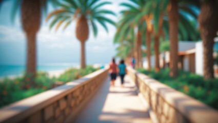 Fototapeta premium Individuals relaxing and walking on a paved path surrounded by trees and greenery in a scenic outdoor environment
