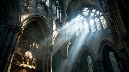 Sunbeams Illuminating Gothic Cathedral Interior