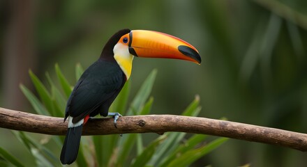 Obraz premium Beautiful channel billed toucan ramphastos vitellinus bird perched on branch in natural habitat view on transparent background