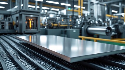 Fototapeta premium Metal sheet forming machine conveyor belt in factory setting. Industrial background of roof tile production, Close-up on metalworking concept.